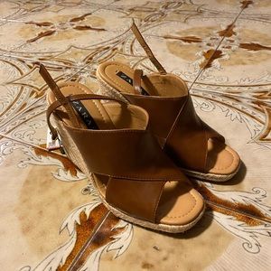 Zara Brown Leather Open Toe Espadrille Slingbacks